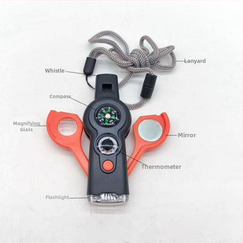 Túlélő eszköz LED-fénnyel, iránytűvel, sípolóval és hőmérővel (7 az 1-ben)