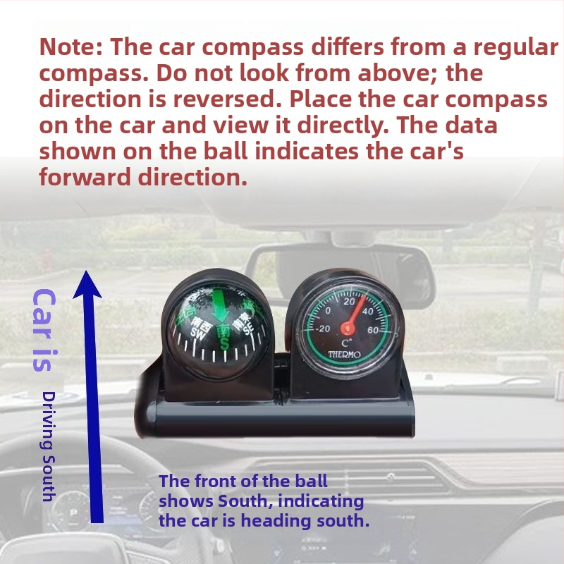 Automobilio vidaus termometras ir kompasas, 2 viename, metalinė konstrukcija