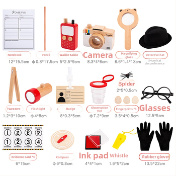 Detektiiv rollimängu komplekt puidust, lastele 4–6 aastat; sisaldab taskulampi, kaamerat, mütsi ja kompassi