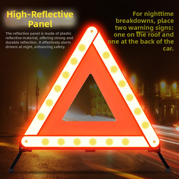 Auto avārijas brīdinājuma trijstūra statīvs ar trim kājām, salokāms, atstarojošs materiāls, ABS/PP konstrukcija, pielāgojams
