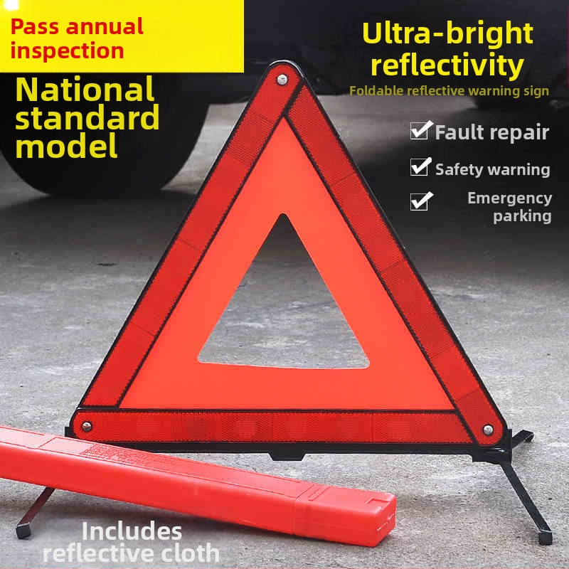 Automobiļu trijstūra brīdinājuma zīme uz tripoda ar atstarojošo materiālu, ABS plastmasa, PP; saliekams; ceļu drošībai un neatliekamajiem gadījumiem