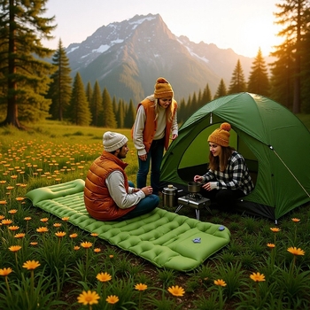 Портативен сгъваем надуваем походен матрак с вградена помпа; лек 0,65 кг; носимост до 100 кг; двуслоен композитен материал; ръчно надуване.