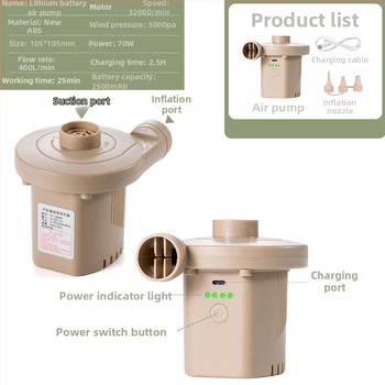 Pompa de aer USB pentru saltele gonflabile și perne de camping – utilizare în exterior, mai mult de două cilindri, 220W, lumină de avertizare, afișaj tip indicator
