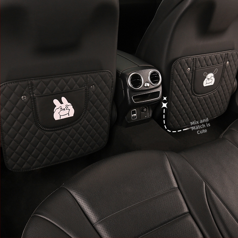 Autóülés hátsó támla anti-kick párna, hímzett nyuszis és kutyás mintával, univerzális, egész éves használatra, PU anyag, szivacs töltet