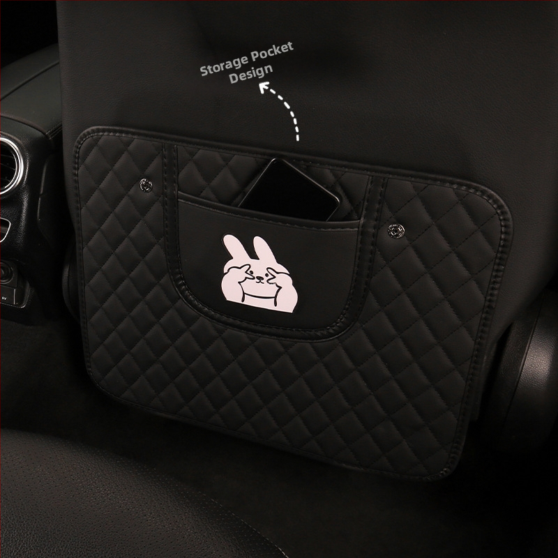 Automobilio sėdynės galinės atramos apsauginis kilimėlis nuo mušimo su išsiuvinėtu kiškučiu ir šunimi, universalus visoms sezonoms, PU medžiaga, užpildas putos