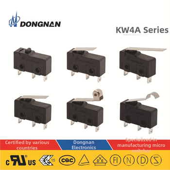 KW4A elektriskā skrūvgriezēja ar mikroslēdzi un centrālo aizslēgu — kompakta konstrukcija, darba temperatūra līdz 125°C, nominālais spriegums AC1000V, mehāniskā mūža 1000 ciklu, UL/CUL/VDE/CE sertifikāti, pielāgošana pieejama