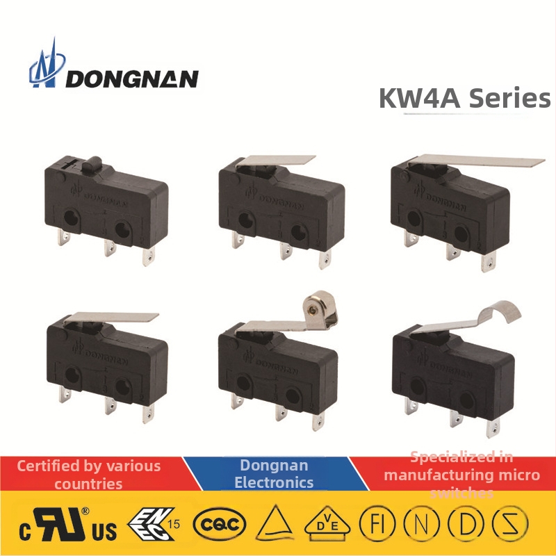KW4A elektriskā skrūvgriezēja ar mikroslēdzi un centrālo aizslēgu — kompakta konstrukcija, darba temperatūra līdz 125°C, nominālais spriegums AC1000V, mehāniskā mūža 1000 ciklu, UL/CUL/VDE/CE sertifikāti, pielāgošana pieejama