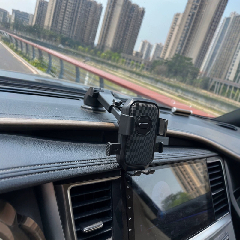 Autótelefon-tartó teleszkópos automata zármechanizmussal, központi konzolhoz tartó és vákuumos rögzítés a szélvédőhöz (7.5W)