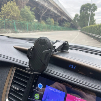 Teleszkópos autós telefontartó vákuumos rögzítéssel és automatikus zárással, illeszkedik az első üveghez, karbonszálas középkonzol felülettel