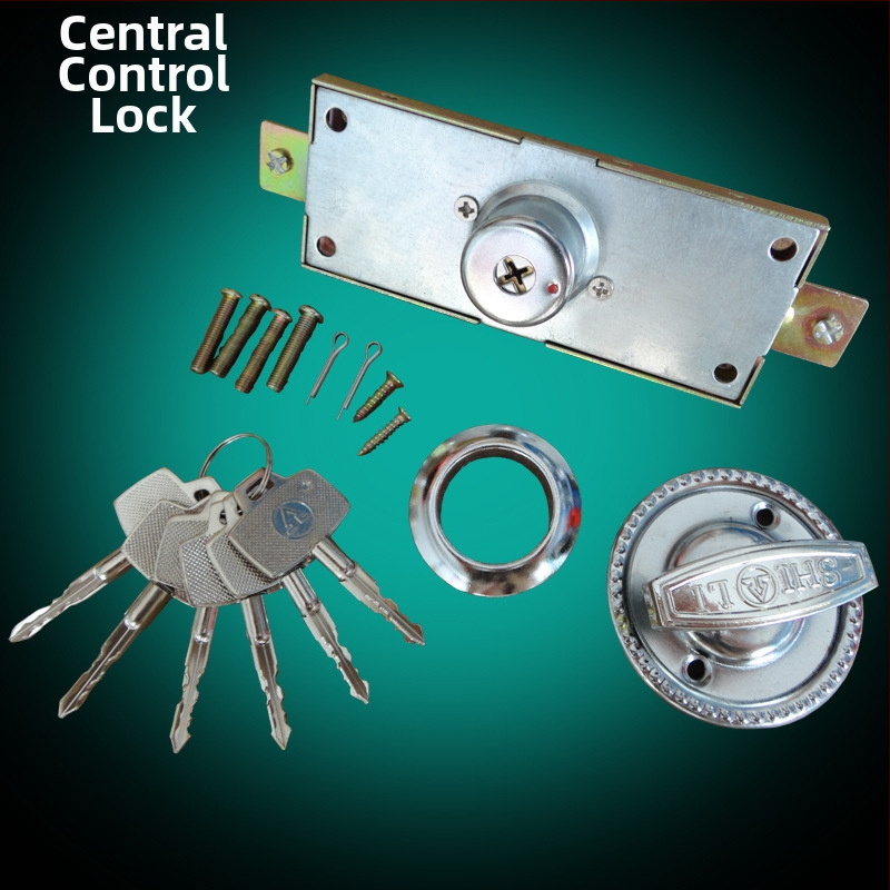 Drošības durvju roktura slēdzene ar spēcīgu centrālo slēdzeni, dzelzs korpuss, augšējās un apakšējās pretzagādzības stieņi, krusts slēdzējs, vidējais palīgslēdzējs