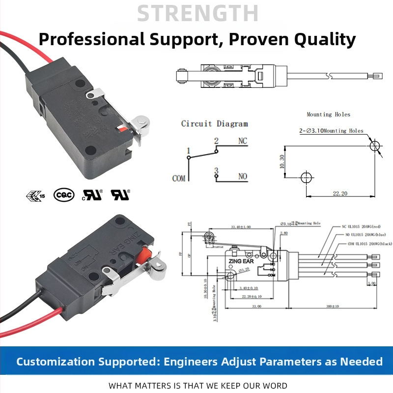 Zingear mikro jungiklis galinio bagažinės dangteliui, dulkėms atsparus, 1 000 000 ciklų, UL/ENEC sertifikuotas, 36V max.