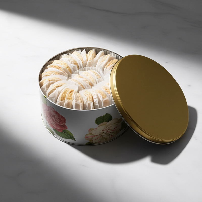 Метална кутия за бисквитки с релефно лого – кръгла кутия за опаковки, ламарина, CMYK офсетен печат