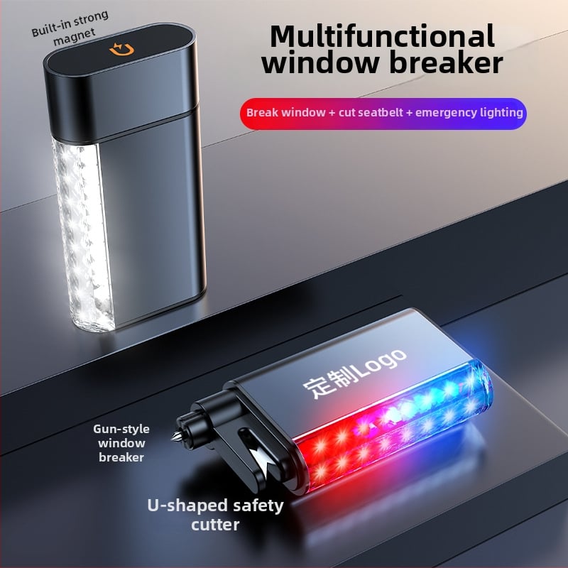 Auto sigurnosni čekić s LED svjetlom, otvaračem prozora i 3-in-1 hitnim osvjetljenjem; magnetska ugradnja; materijal: aluminijska legura + ABS + PC + čelik