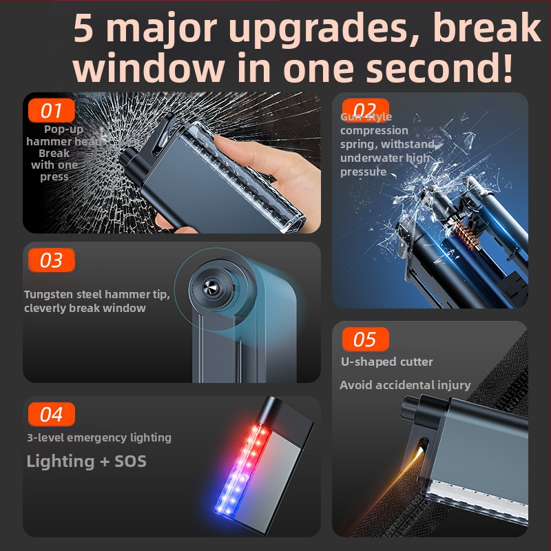 Auto sigurnosni čekić s LED svjetlom, otvaračem prozora i 3-in-1 hitnim osvjetljenjem; magnetska ugradnja; materijal: aluminijska legura + ABS + PC + čelik
