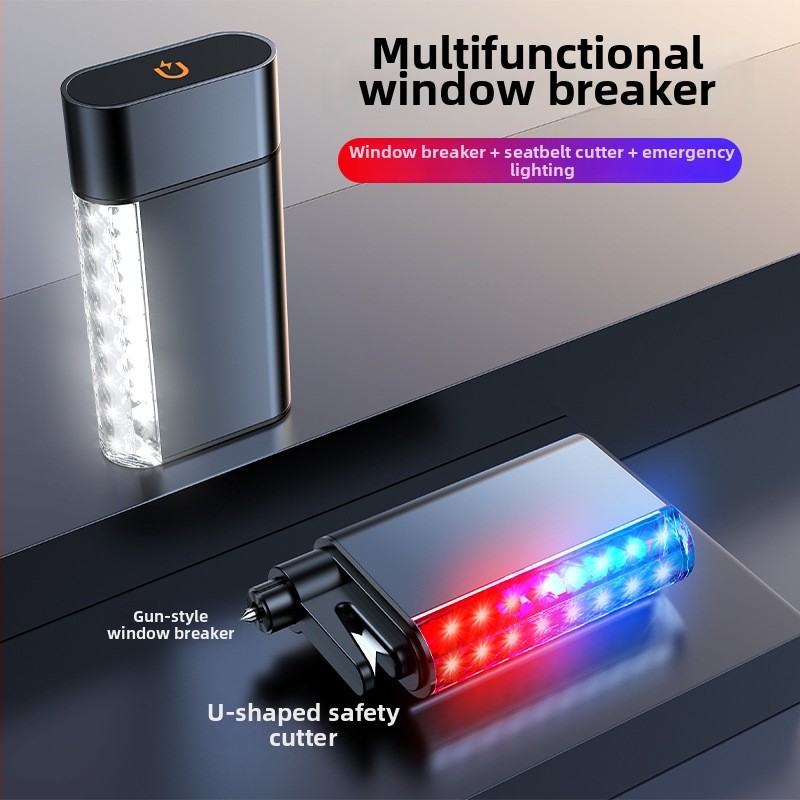Auto sigurnosni čekić s LED svjetlom, otvaračem prozora i 3-in-1 hitnim osvjetljenjem; magnetska ugradnja; materijal: aluminijska legura + ABS + PC + čelik