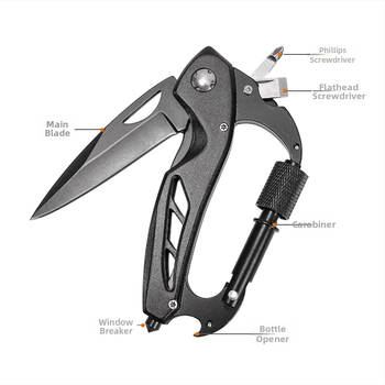 Hongfeng salokāms EDC rīks: daudzfunkcionāls nazis ar kāpšanas karabīnu un automašīnas stikla laušanas āmuru