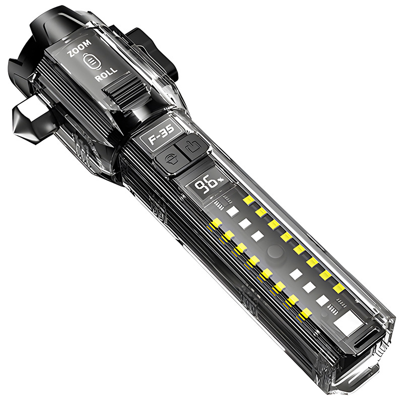 Višestruki taktički LED fenjer s čekićem i rezom, 18650 baterija, Type-C punjenje, LED+COB, 15W, 360° rotirajuća glava, domet 100–200 m
