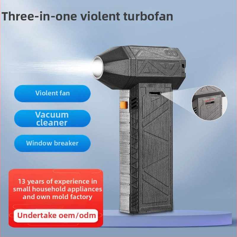 Rankinis Jet Turbo ventiliatorius su brushless varikliu, integruota 2000–4000mAh baterija, USB įkrovimas, 3 srauto greičiai, triukšmas 45–50 dB