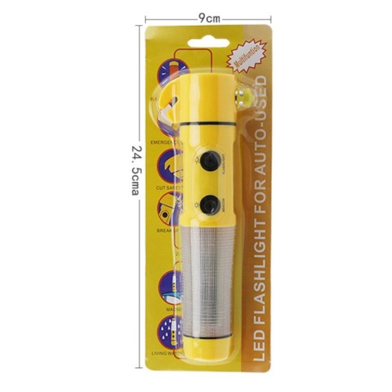 4-u-1 automobil spašavajući čekić: razbijač stakla, nužno svjetlo i jak magnetski; ABS plastika; težina 150 g