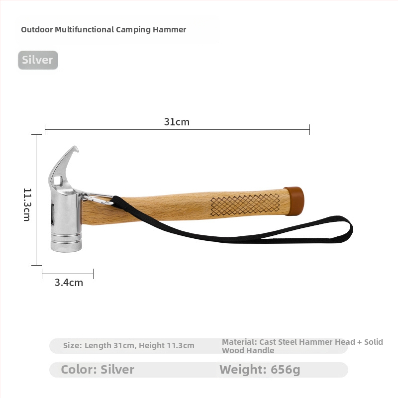 Kültéri többfunkciós acélkalapács, fából készült nyéllel, kempinghez és sátrakhoz, beépített szegkihúzóval