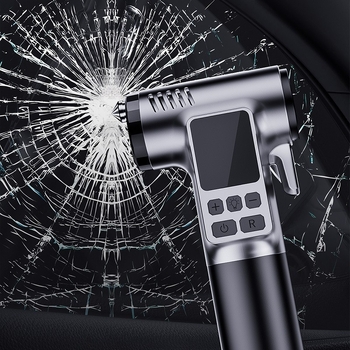 Pompa auto fără fir cu afișaj digital, cioc de siguranță, spargător de geam și tăietor pentru centură; corp ABS, debit de aer 30 L/min, baterie Li-ion 7.4V, <80W, autonomie 5–20 min