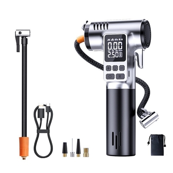 Pompa auto fără fir cu afișaj digital, cioc de siguranță, spargător de geam și tăietor pentru centură; corp ABS, debit de aer 30 L/min, baterie Li-ion 7.4V, <80W, autonomie 5–20 min