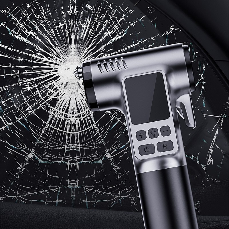 Pompa auto fără fir cu afișaj digital, cioc de siguranță, spargător de geam și tăietor pentru centură; corp ABS, debit de aer 30 L/min, baterie Li-ion 7.4V, <80W, autonomie 5–20 min