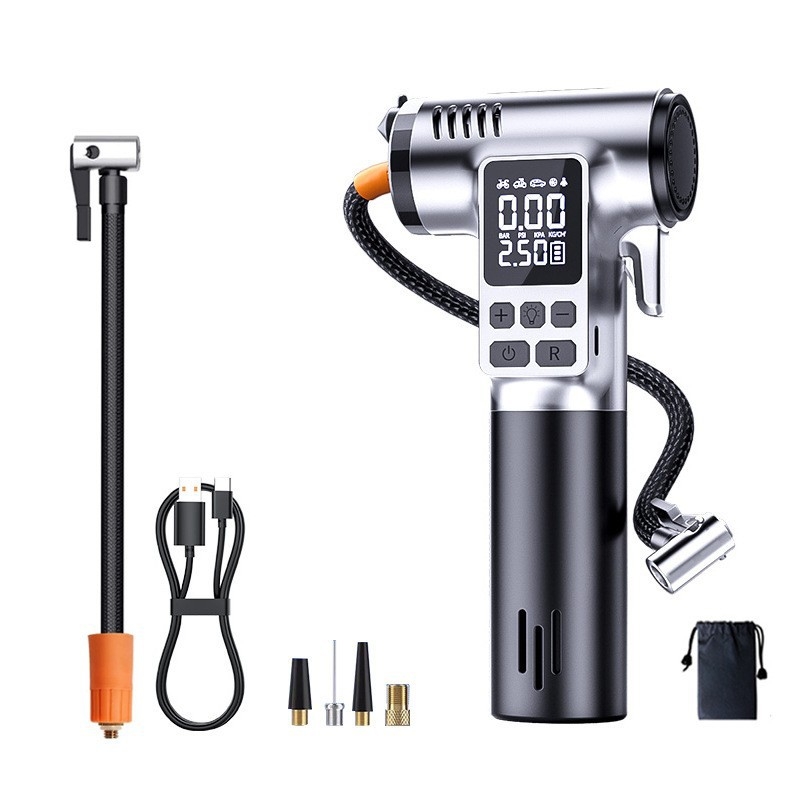 Pompa auto fără fir cu afișaj digital, cioc de siguranță, spargător de geam și tăietor pentru centură; corp ABS, debit de aer 30 L/min, baterie Li-ion 7.4V, <80W, autonomie 5–20 min