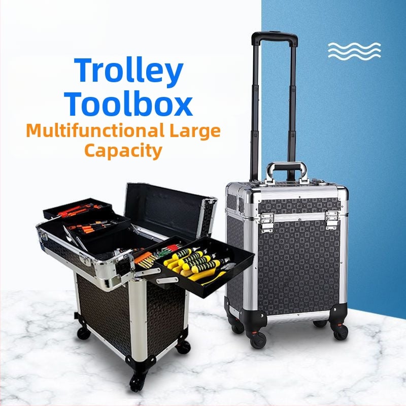 Műanyag szerszámosláda görgőkkel, többfunkciós tároló elektromos és bútorjavításokhoz, ipari színvonal.