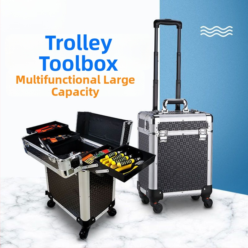 Műanyag szerszámosláda görgőkkel, többfunkciós tároló elektromos és bútorjavításokhoz, ipari színvonal.