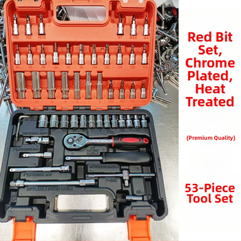 53 gab. komplekts uzgriežņu socēm ar ratchetiem no hroma-vanādija tērauda ar hroma pārklājumu