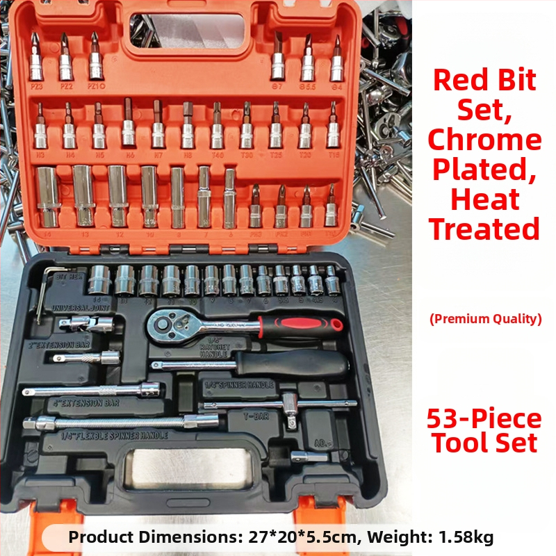 53 gab. komplekts uzgriežņu socēm ar ratchetiem no hroma-vanādija tērauda ar hroma pārklājumu