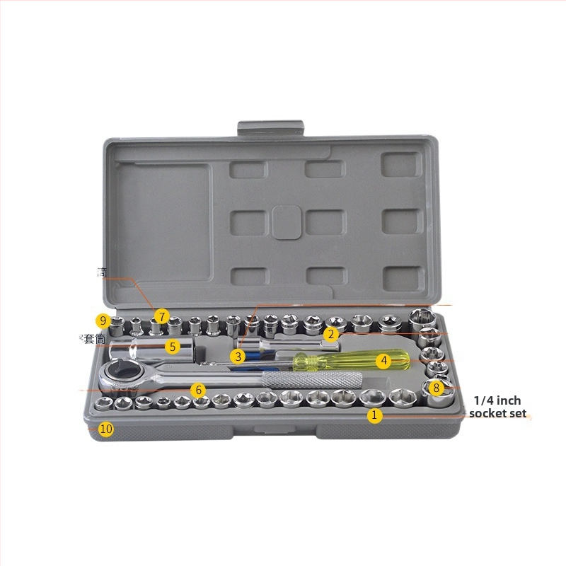 40 dalių veržliarakčių rinkinys automobilių remontui, chromo-vanadžio plienas, įrankių dėžė, 1 kg