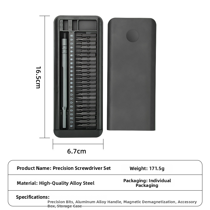 Daugiapakopinis įrankių rinkinys kompiuterių, akinių ir išmaniųjų telefonų remontui – 26 dalys, 4 mm antgaliai, magnetinis, S2 įrankių plienas, be izoliacijos