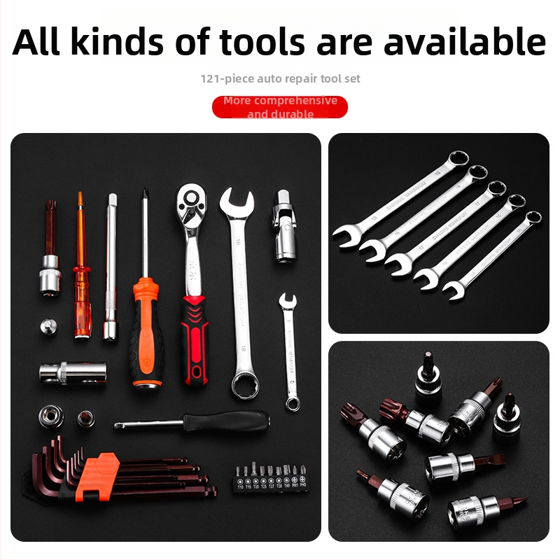 Jinger 121-detaļu komplekts auto un motociklu remontam no hroma-vanādija tērauda kastē