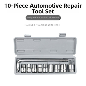 Dešimties dalių lizdinių raktų rinkinys automobilių ir motociklų remontui, iš aukštos anglies plieno, su įrankių dėžute