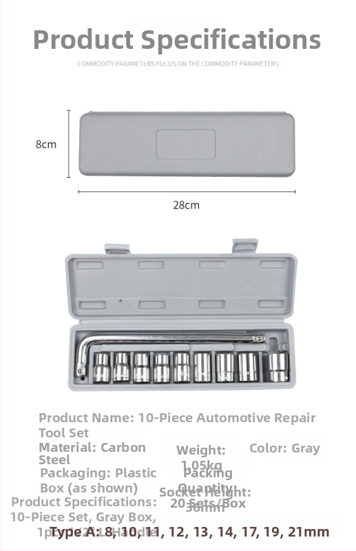 Dešimties dalių lizdinių raktų rinkinys automobilių ir motociklų remontui, iš aukštos anglies plieno, su įrankių dėžute
