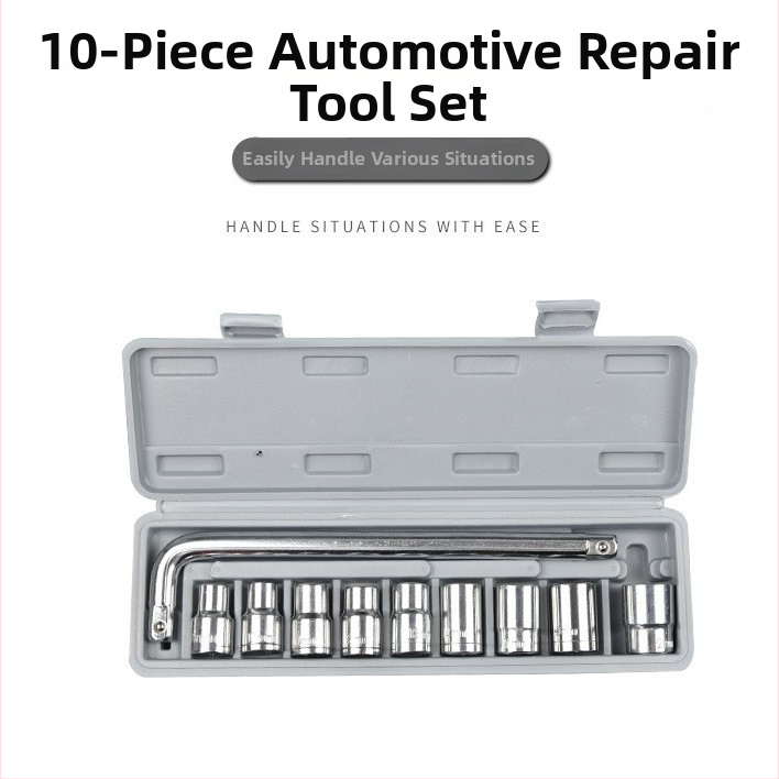 Desmit gabalu socketu atslēgu komplekts automašīnām un motocikliem remontam, no augsta oglekļa tērauda, ar instrumentu kārbu