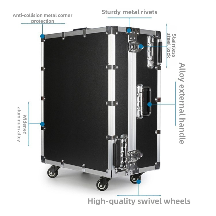 Aliuminio lydinio įrankių dėžė su traukiama rankena – flight case, nešiojama įrankių dėžė medicinos įrangai, logotipo spausdinimas