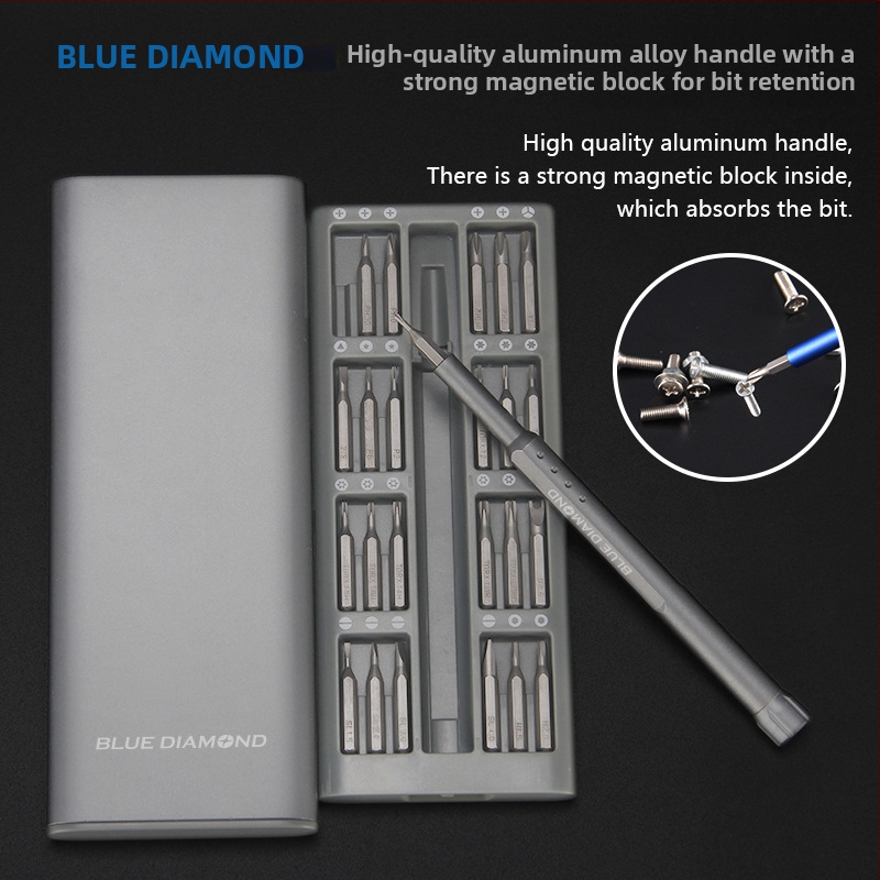 Blue Diamond 25-in-1 precizinių atsuktuvų rinkinys laikrodžių ir telefonų remontui — S2 lydinio įrankinis plienas, magnetinis, 0,21 kg, telekomunikacijų priežiūra