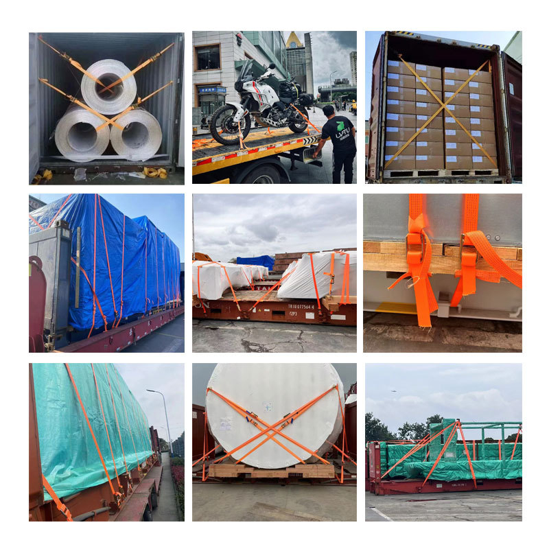 Poliesterinės įtemptos juostos su įtempikliu, kroviniams, apkrova 1000 kg, patvarumo jėga 800-1000 kg, SGS ir CCS sertifikatai