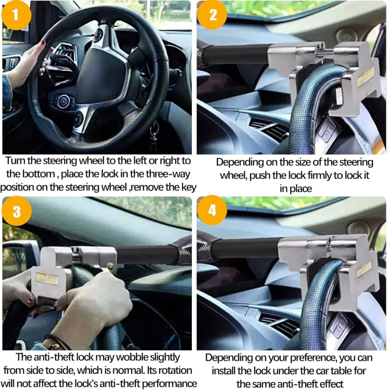 Zamka za volan automobila, čelična, model Ningbo Zhenzhi T388, univerzalni