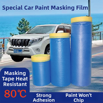 Automobilio maskavimo plėvelė dažų purškimui - PE plėvelė + aukštos temperatūros maskavimo juosta, storis 0,006–0,008 mm, plotis 30–280 cm, ilgis pagal užsakymą
