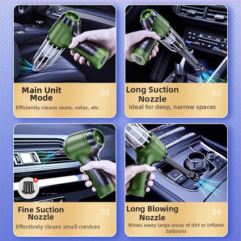 Безжичен преносим вакуум за автомобил, ръчен, 120W, всмукване над 5000 Па, вградена батерия 2000-2500 mAh, USB захранване, мокро и сухо почистване, за килими