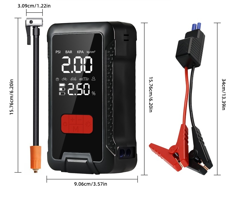 Automobilski hitni startač s integriranom pumpom za zrak, 12V litij baterija, 80W, 60 L/min, digitalni zaslon