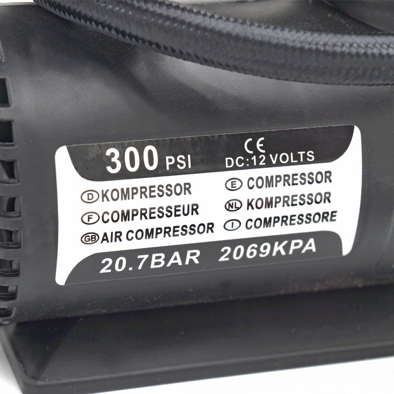 Ηλεκτρική μικρή αντλία αέρα για ελαστικά αυτοκινήτων — 24V, 220W, 50 L/min, 5–20 λεπτά λειτουργίας, με μετρητή πίεσης