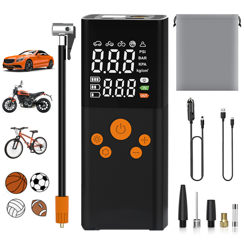 Pumpa za zrak za automobile i motocikle s USB napajanjem, 12V, 100W, digitalni zaslon, mjerač tlaka u gumama, LED svjetlo, upozoravajuće svjetlo, protok tlaka 25 L/min, 31 cm crijevo, uklonjivi izvor napajanja