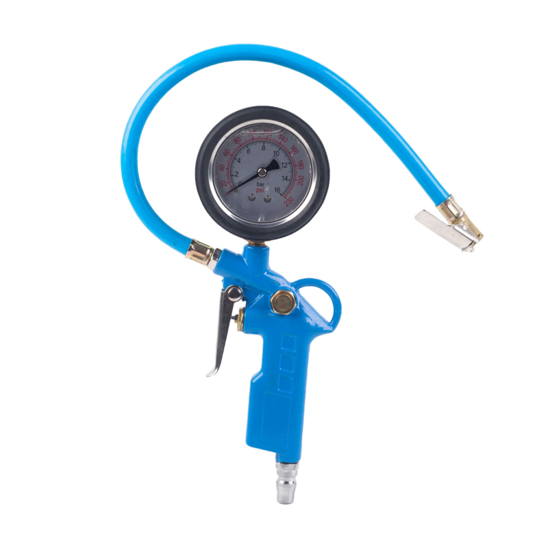 Манометр за гуми с цифров дисплей и интегриран инфлационен модул, корпус от алуминий, обхват 0-230 psi, единици psi/bar