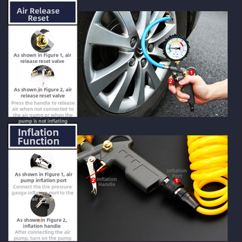 Tlakomjer za auto s pištoljom za dopumpavanje, raspon 0–220 psi, preciznost 1 psi, bakreno kućište, gumeni crijevo