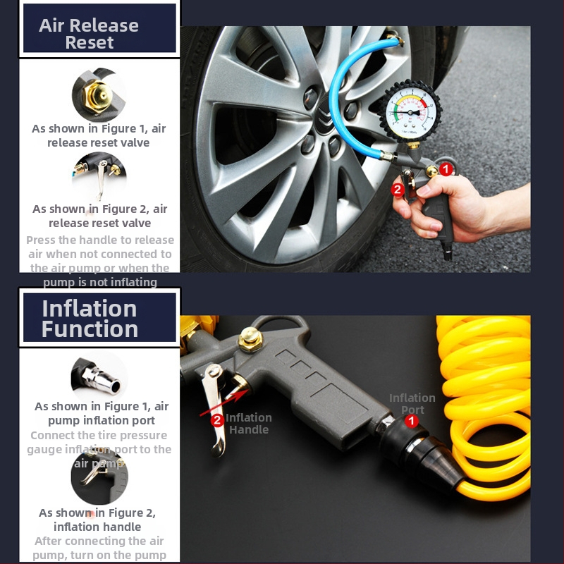 Tlakomjer za auto s pištoljom za dopumpavanje, raspon 0–220 psi, preciznost 1 psi, bakreno kućište, gumeni crijevo